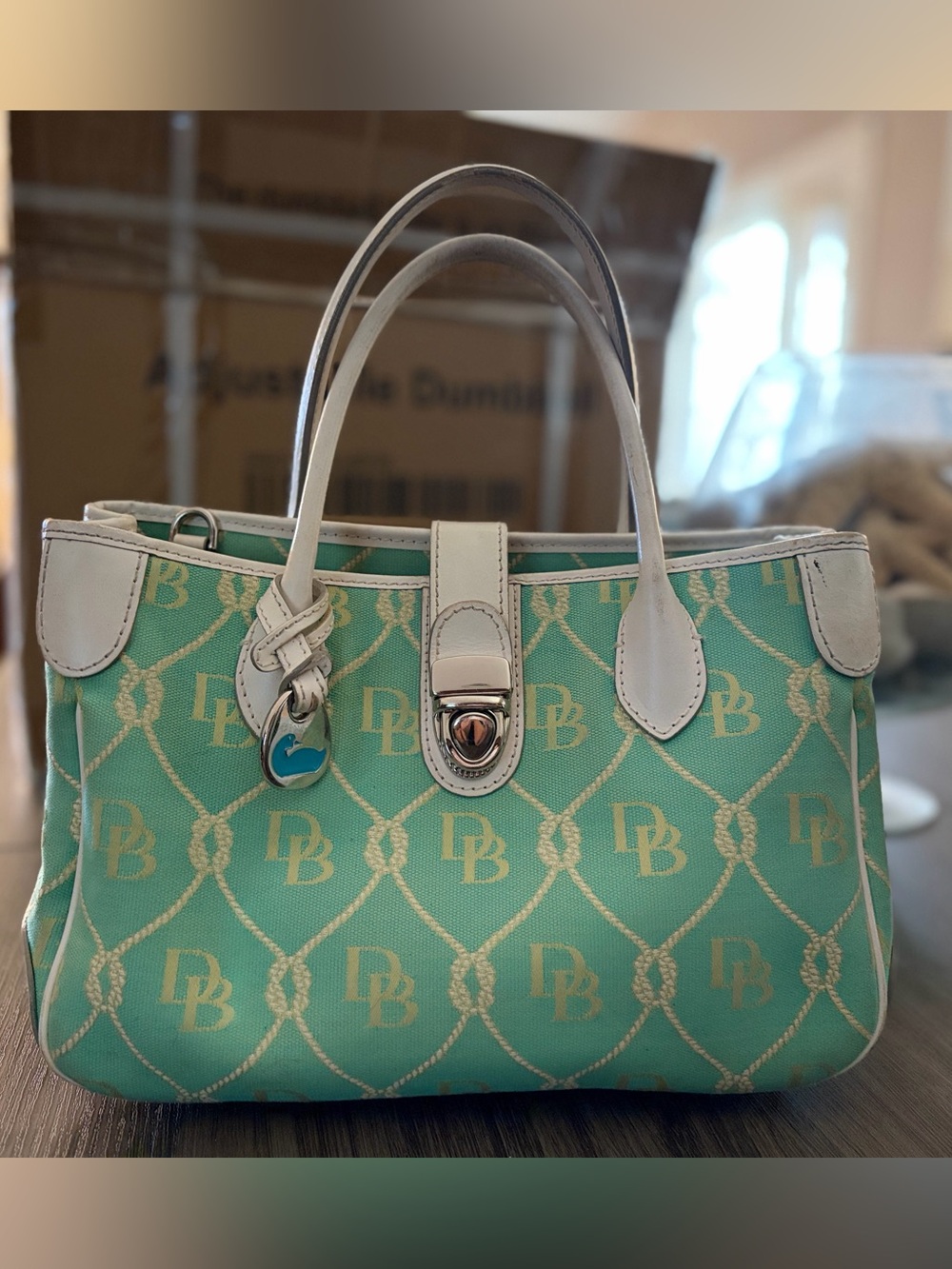 Vintage Dooney & Bourke Mint Green Monogram Satchel Purse + Duck Charm